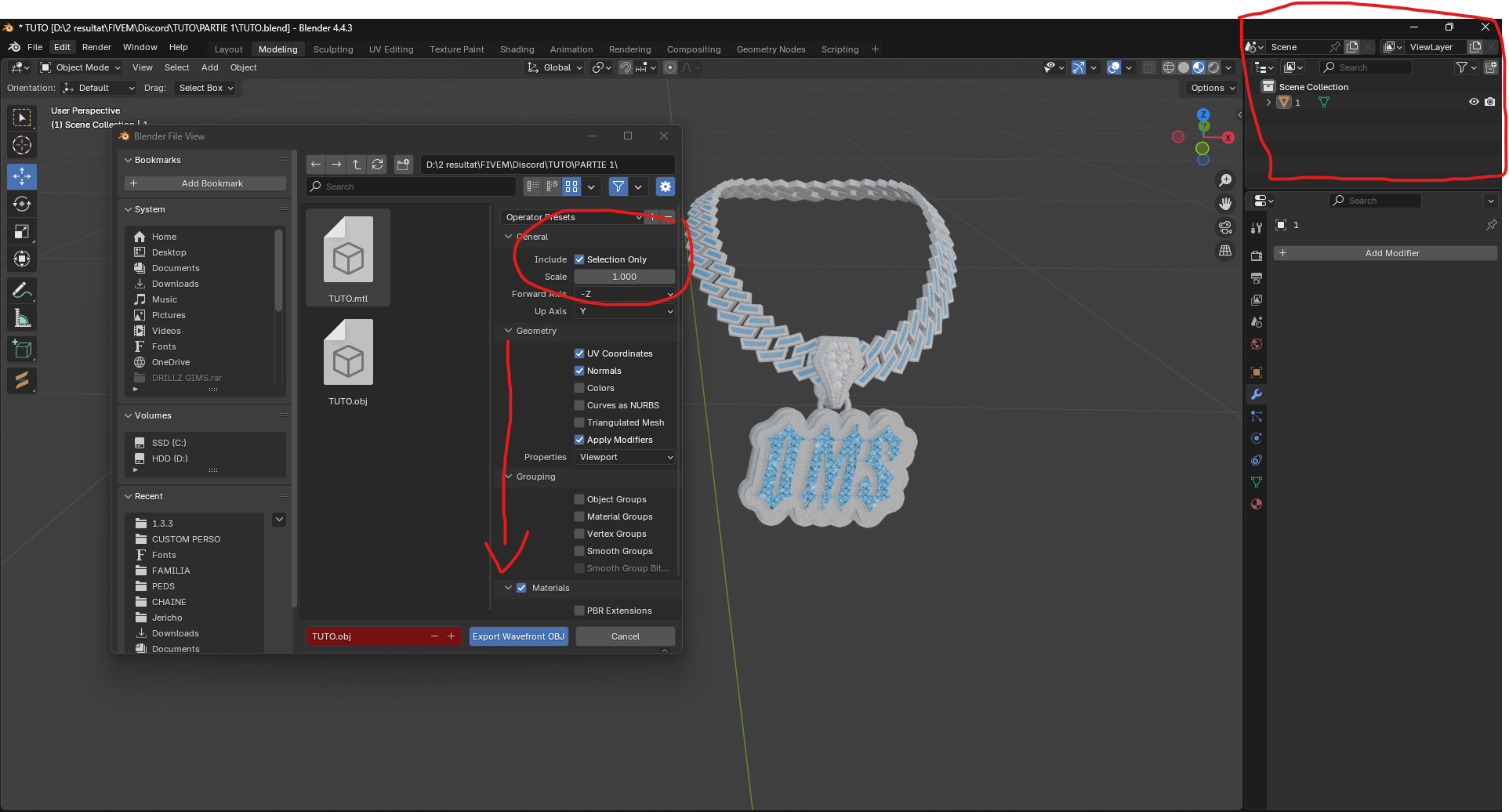 Export OBJ - Selection Only dans Blender
